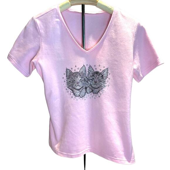 Women's Pink Short Sleeve V-Neck Jeweled Cat Kitten Design T-Shirt - Picture 1 of 3